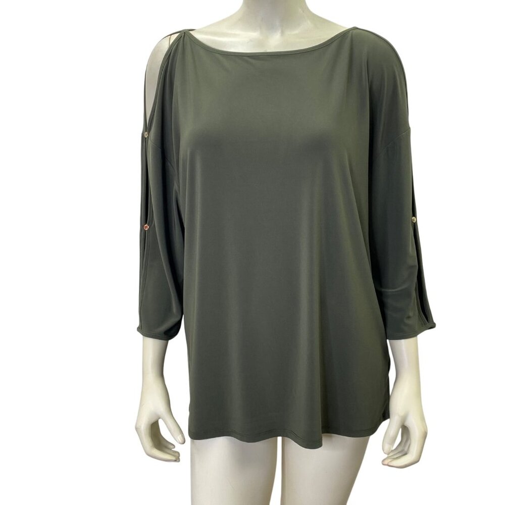 Jones New York Cold Shoulder‎ Olive 3/4 Sleeve Blouse With Button Accents L NWT